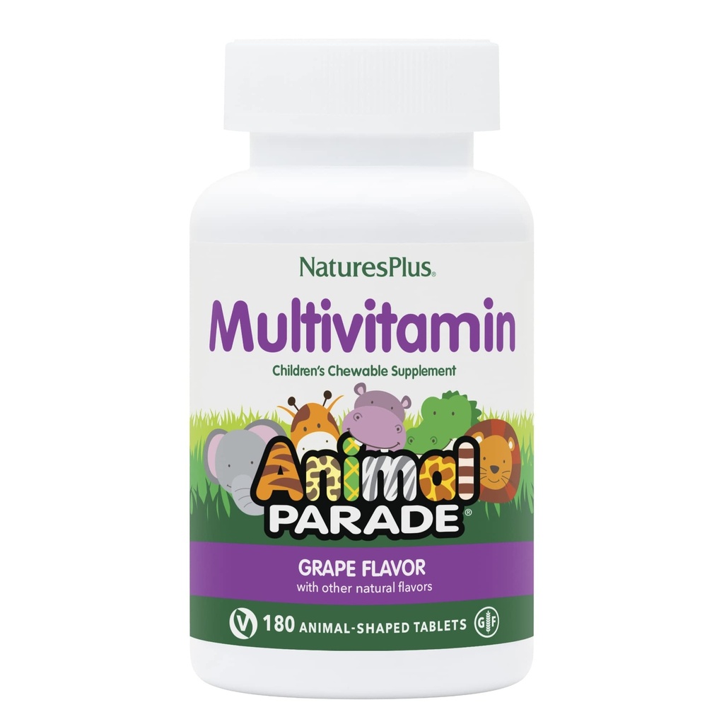 NaturesPlus Animal Parade Children's Chewable Multivitamin - 포도 맛 - 180 동물 모양 정제 - 건강 및 웰빙 촉진 - 채식주의, 글루텐 무료 - 90 서빙