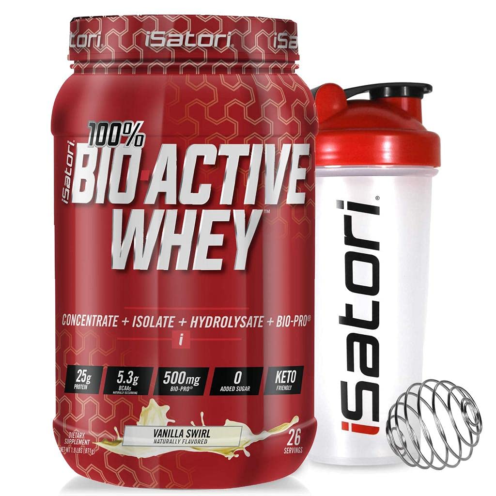 iSatori Bio-Active Whey Protein Powder - 바닐라 Swirl (30 서빙) & iSatori Classic Blender Bottle (빨간색 정상을 가진 명확한 병)