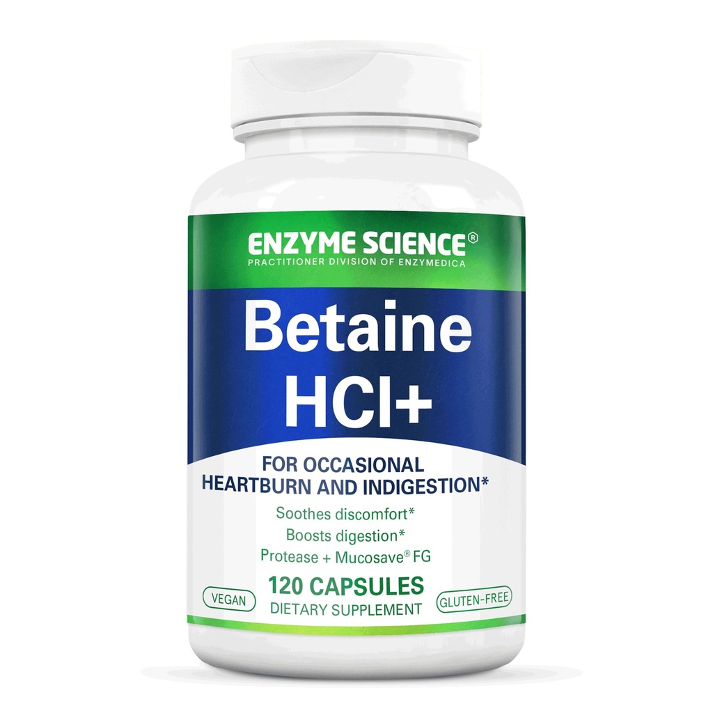 Pepsin과 효소 과학 베타인 HCl - 낮은 Stomach 산을위한 보충 - 베타인 염산염 보충 - 소화 효소 - Enzimas Digestivas - 120 캡슐