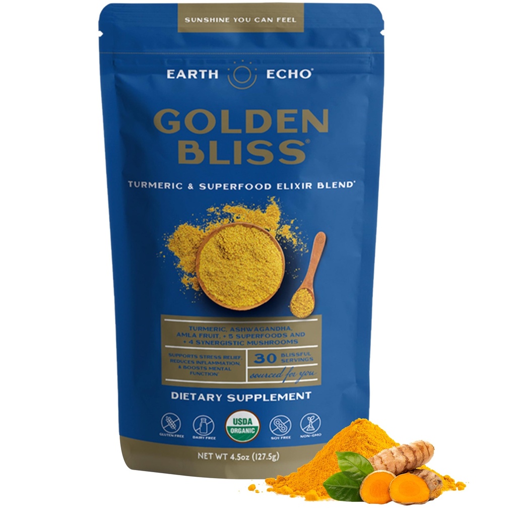 Earth Echo Golden Bliss, Ashwagandha Root, MCT Oil 및 4 Mushroom Blend가 혼합 된 유기농 심황 Superfood Elixir 블렌드