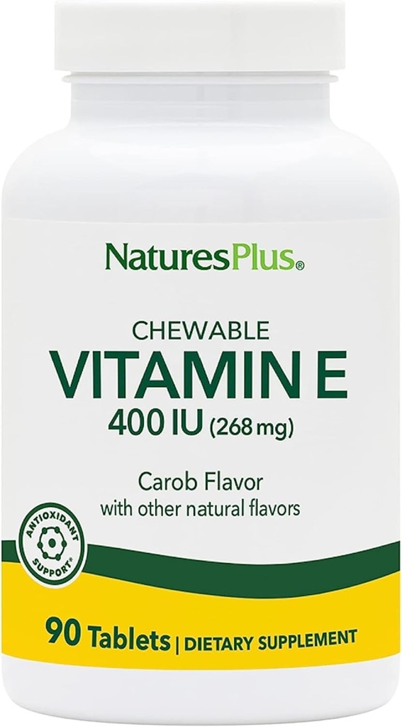 NaturesPlus Vitamin E, Natural Carob 풍미 - 90 Chewable Tablets, Pack of 2 - Free-Radical Defense & overall Well-Being - 채식주의 자, 글루텐 무료 - 180 총 봉사