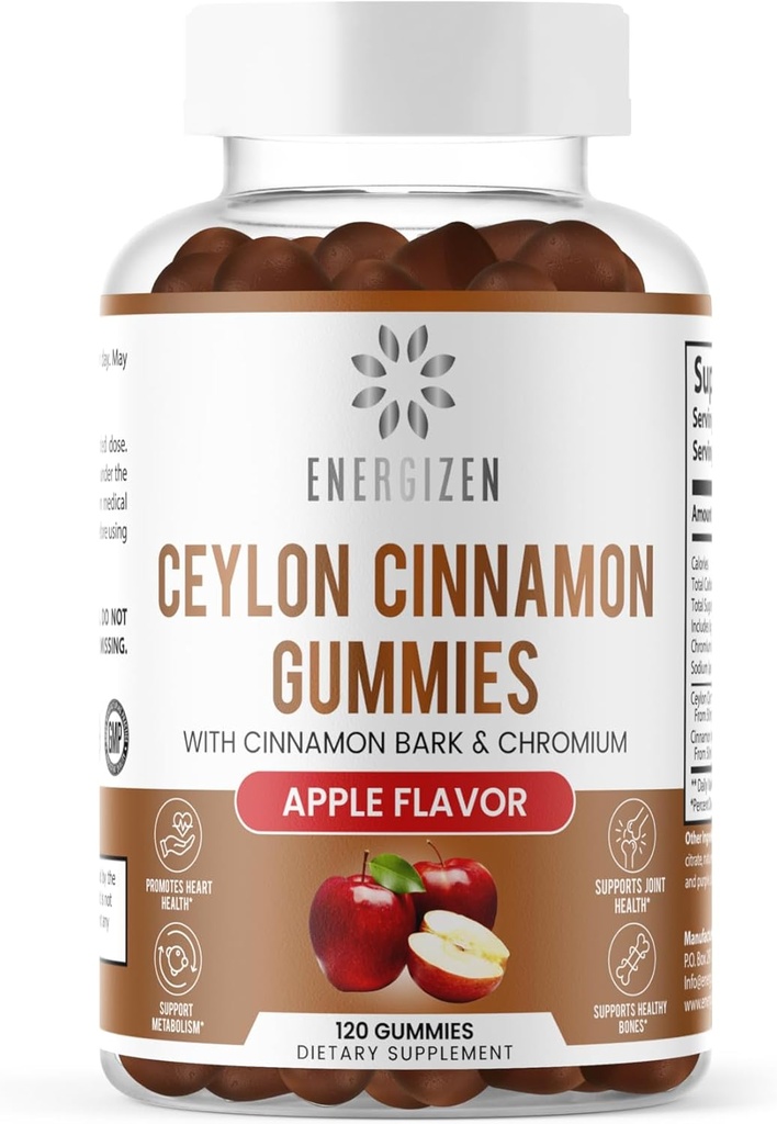 Cinnamon + Chromium Gummies - 120 Vegan Gummies - 관절 통증 및 두뇌 건강 지원, 설탕 - 무료, 산화 방지제 리치, 비 GMO, 글루텐 무료 보충, 자연 애플 맛