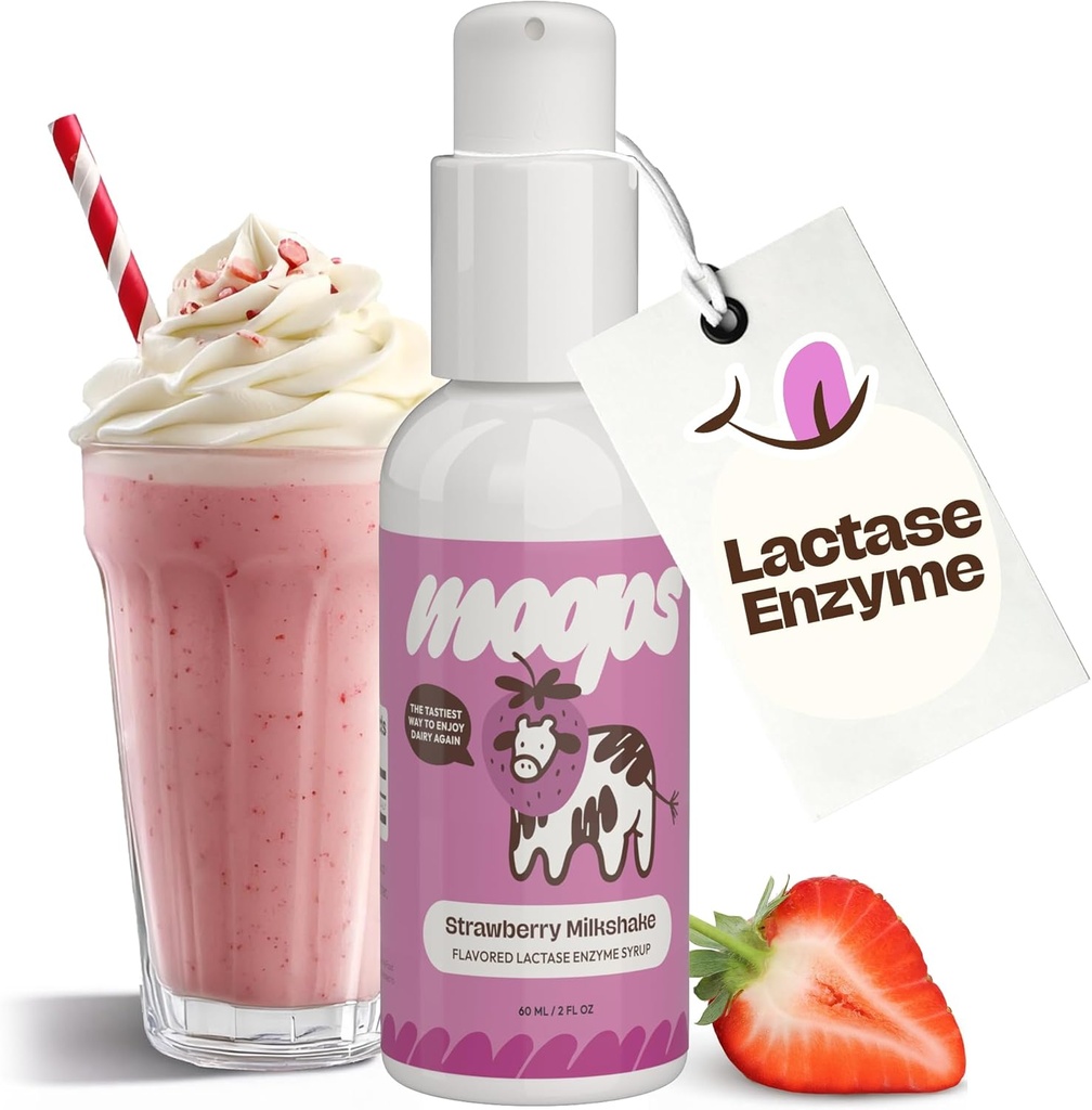 Moops 액체 Lactase 효소 시럽 2oz – Delicious Strawberry Milkshake 풍미 – 빠른 Acting Dairy Relief를 위한 10,000의 FCC 단위 – Lactose Intolerance를 위한 Customizable 복용량 – 휴대용 강선전도에 자물쇠 펌프