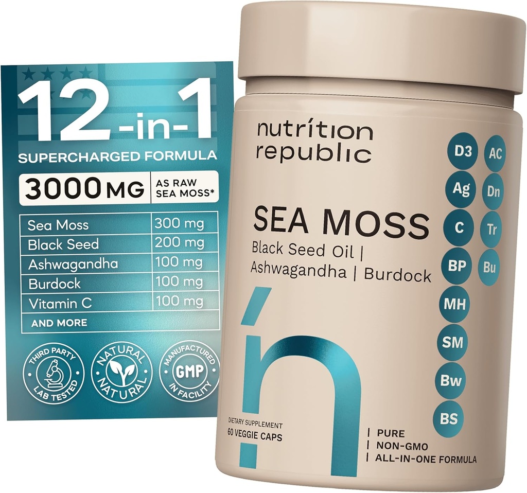 바다 Moss 보충교재, 까만씨 기름, Ashwagandha 및 Burdock 뿌리, 비타민 C, 60의 Veggie 캡슐을 가진 Multimineral 보충교재를 가진 바다 Moss 캡슐