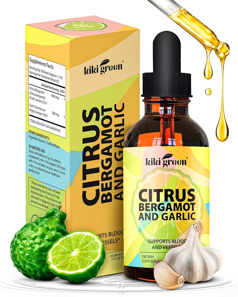 KIKI 녹색 액체 밀감속 Bergamot & 마늘 추출물 - 심장 건강, 면역 체계 지원 및 건강한 노후화 비 GMO, 글루텐 자유로운 보충교재 2 Fl Oz를 위한 Citrus Bergamot 보충교재.