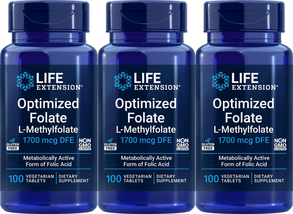 수명 연장 최적화 Folate 1700 mcg DFE, 100 채식 정제 (포장 3)
