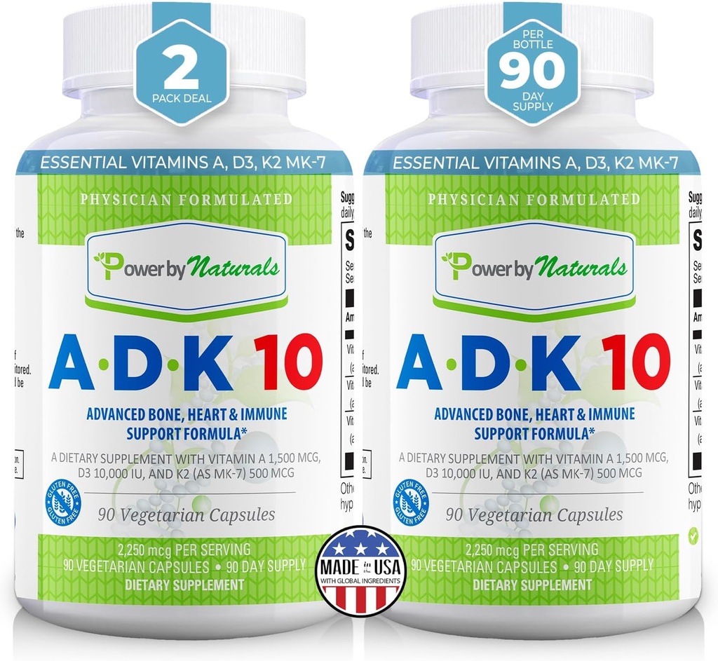 자연적인 ADK 비타민 보충교재에 의하여 힘 – 비타민 A, D3 10,000 IU & K2 MK7를 가진 ADK 10 높은 Potency 우량한 심장, 면역성 & 뼈 건강 지원 – 90의 캡슐, 2 팩 (6 달 공급)