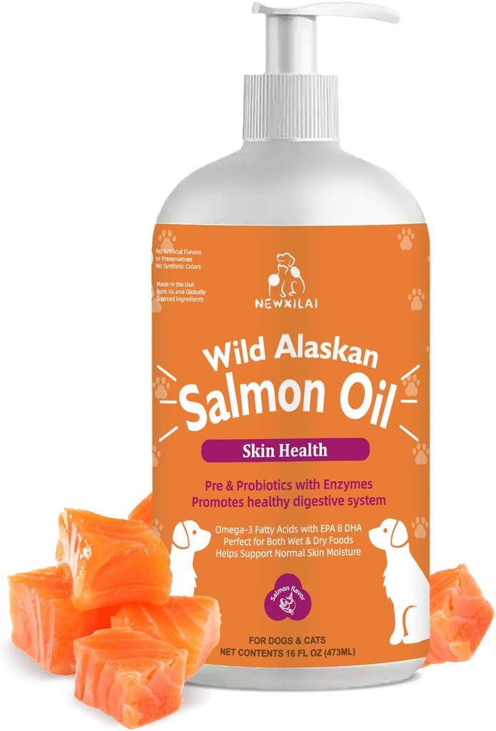 Dogs & Cats, EPA & DHA를 가진 Omega-3 물고기 기름 보충교재, 지원 피부 건강, 빛나는 외투, 강한 합동 & 알레르기 기복을 위한 야생 알래스카 연어 기름 - 펌프 병 16oz