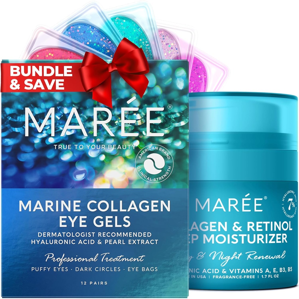 MAREE Eye Gels & Collagen Moisturizer 페이스 크림 번들 - 퍼프 아이와 다크 서클에 대한 눈 젤, 하이드로팅 효과와 노화 방지 페이스 크림 - Marine Collagen & Hyaluronic Acid, Retinol