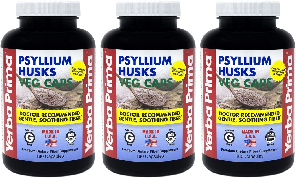 Yerba Prima Psyllium Husks Veg Caps - 180 Count (Pack of 3) - Vegan, Non-GMO, Gluten Free, Colon Cleanser, Gut Health & Regularity를위한 일일 섬유 보충