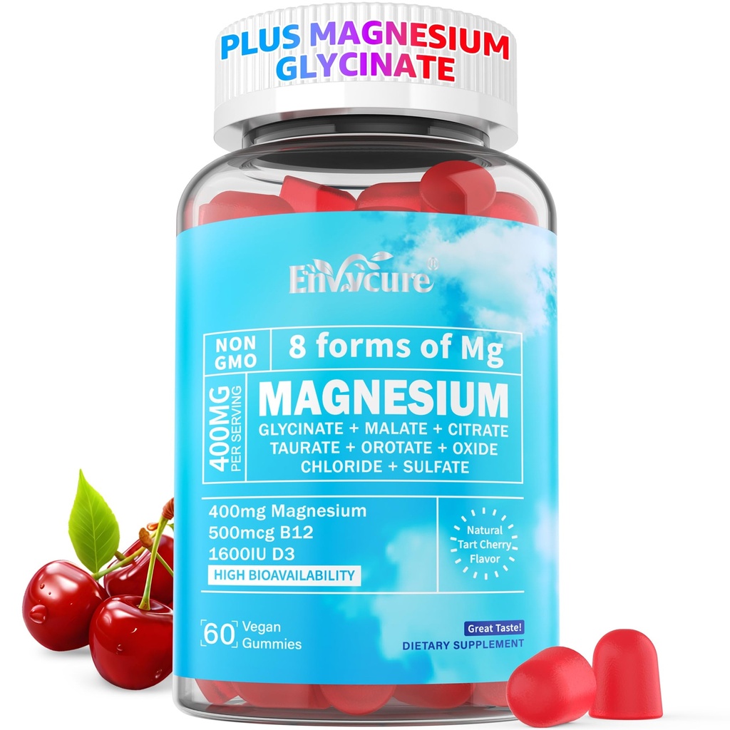 마그네슘 Gummies 400mg | 마그네슘 글리세라이드, 말레이트, 시트레이트, 타우레이트, 산화물 등의 8가지 형태 | Ashwagandha Extract, D3 & B12 Calm, Zzz, Mood, Muscle Cramp - Vegan 60 Cts