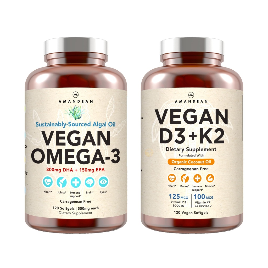 Vegan Powerhouse Combo. Algal Oil & Vitamin D3 + K2의 오메가-3. 조류에서 식물 기반 5000 iu VIT D. 100 mcg All-Trans MK-7 Vita K. Carrageenan 무료 Veggie Softgels.