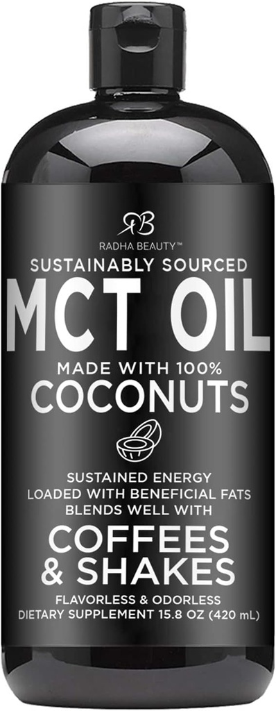 Radha Beauty Premium MCT Oil은 Non-GMO Coconuts - 15.8oz에서만 제작되었습니다. Keto, Paleo, Gluten Free 및 Vegan 승인.