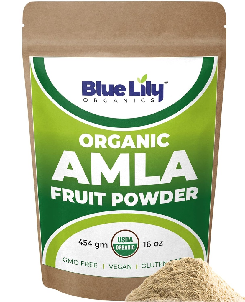 파란 Lily USDA 유기 Amla 분말 (아말라키/인도 Gooseberry) 16oz (1lb) Resealable Kraft 부대, 100% 순수한 Amla 베리 분말, 산화 방지제 비타민 C, 지원 건강한 면역 체계에서 부유한