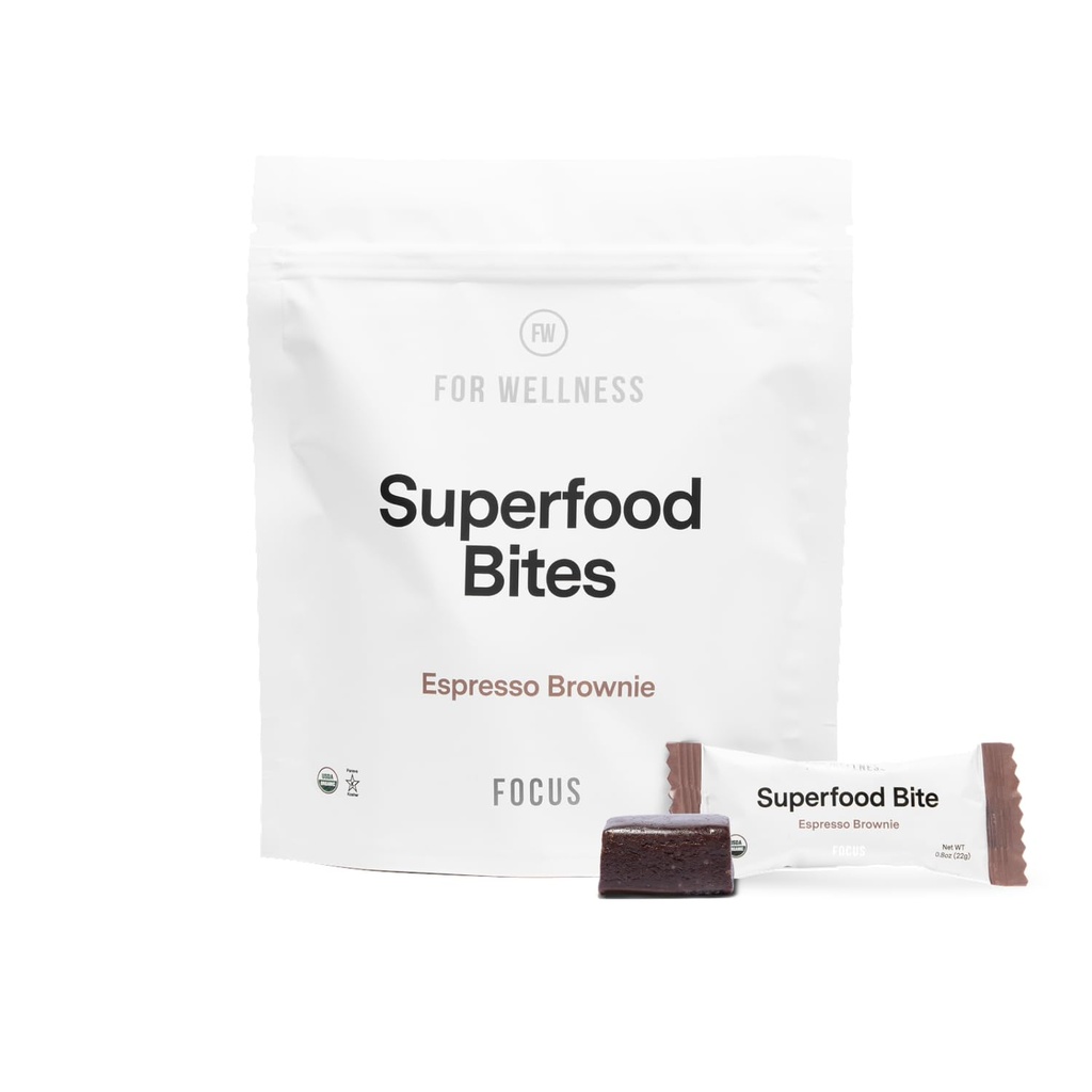 Wellness Superfood Focus Bites (10 Count), Cocoa Espresso Brownie - 피로를 줄이고 소화 및 지원 뇌 기능을 향상시킵니다.