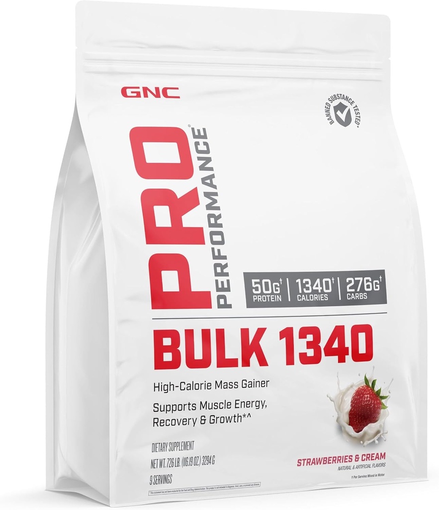 GNC 직업적인 성과 대량 1340 대량 게인더 단백질 분말, 50g의 글루텐 자유로운, Whey, Creatine, BCAA의 제 3 자 시험해, 근육 회복 & 성장, Micronutrients, 딸기 및 크림, 9개의 서빙