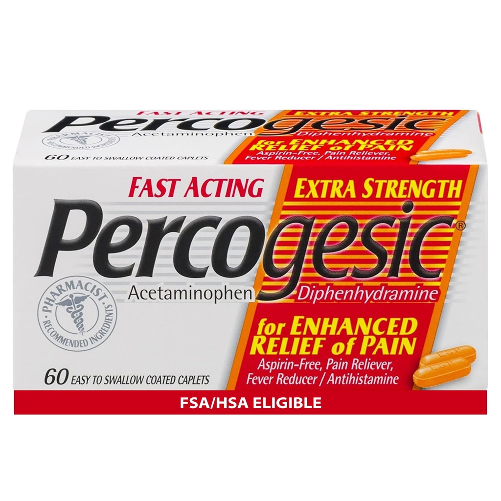 Percogesic 여분 힘 Acetaminophen & Diphenhydramine 고통 구호, 빠른 행동 아스피린 자유로운 Fever 흡진기 & 항히스타민, 60 조사