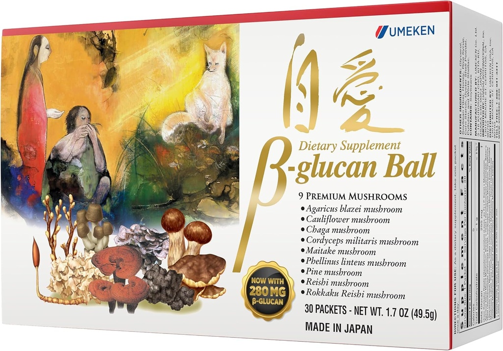 Umeken Beta Glucan, Immune Boost, Mushroom Extract, Dietary Supplement, 9 Premium Mushroom Extract Packets의 혼합, Beta Glucan 보조 식품, 1 개월 공급, 30 카운트 박스, 1 팩