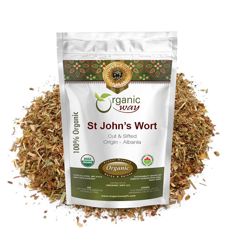 Organic Way St. John 's Wort Cut & Sifted (Hypericum perforatum) - 초본 차 | 유럽 야생 - 해적 | 유기농, 고셔 및 USDA 인증 | 비건, 비 GMO & 글루텐 프리 | 원산지 - 알바니아 (1/4LBS / 4Oz)