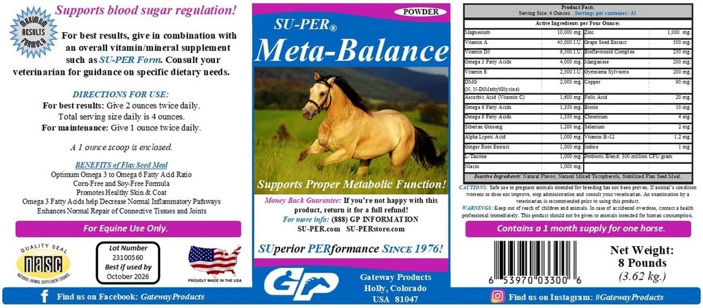 SU-PER Meta-Balance 말 대사 지원 - 혈액 설탕 규칙 & 소화 건강 보충교재 - 말 비타민과 무기물, 초본 추출물, Probiotics - 8 파운드, 1 달 공급
