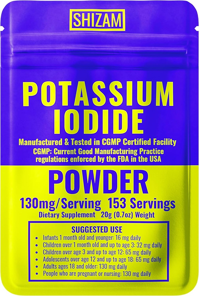 SHIZAM 칼륨 Iodide 130 mg 65 mg 분말 생존 키트 키트, KI Iodine 캡슐 액체 Tincture 알약 정제 탭 Alt 보충 교재, 사전 공급 130mg 65mg