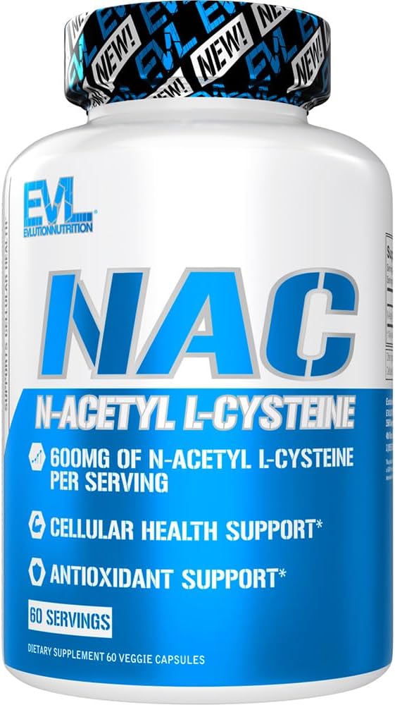 Evlution Nutrition NAC N-Acetyl L-Cysteine - 600mg N-Acetyl L-Cysteine Per 서빙 - 산화 방지제 지원 - 건강 지원 - 식이 요법 및 글루텐 무료 - 60 Veggie 캡슐 - 60 서빙