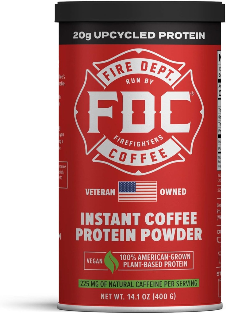 Fire Department Coffee - Firefighters로 돌아갑니다 - 인스턴트 커피 단백질 분말 - 공장 기반 단백질 분말 - 100 % American-Grown, Upcycled Barley Protein으로 제작 - 수의사 소유 - 14.1 oz Can