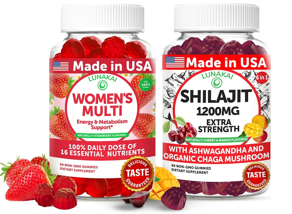 Lunakai USA Made Women Multivitamin & Shilajit Gummies Bundle – 에너지, 면역 및 활력 지원 – 자연적으로 맛 – 60 비 GMO Gummies 각각