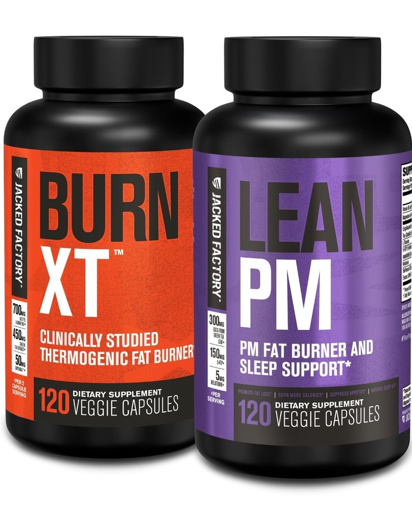 Jacked Factory Burn XT Thermogenic 뚱뚱한 가열기 & Lean PM 야간 체중 감소 남성 & 여성을 위한 보충교재 120 Veggie 규정식 환약