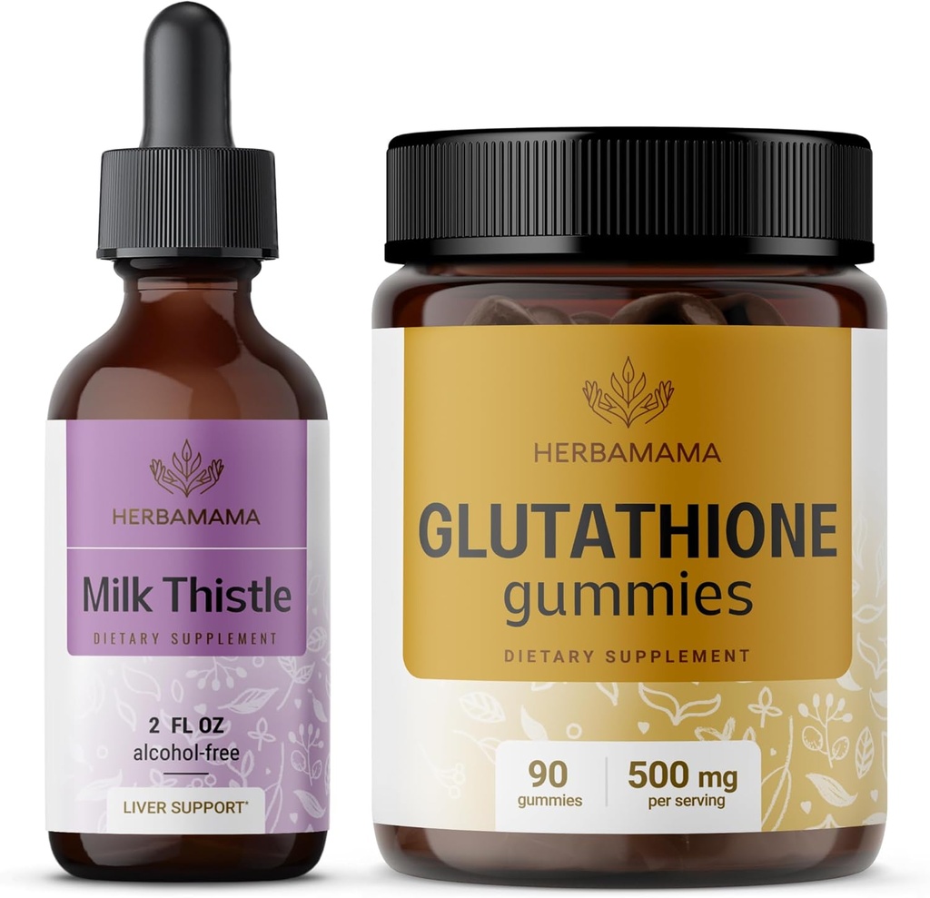 HERBAMAMA 우유 이틀과 글루타티온 키트 - 우유 이틀 추출물의 번들 2 fl oz & 500 mg 감소 L-Glutathione Gummies - Vegan, Non-GMO, 알코올 - 무료 2 팩
