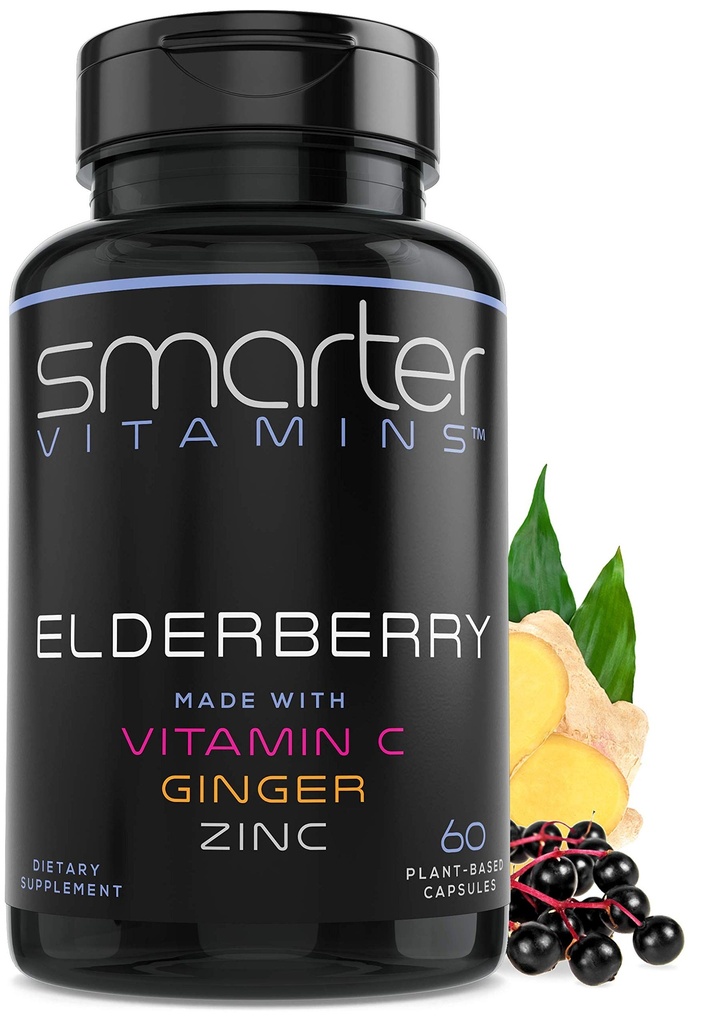 더 똑똑한 Elderberry 캡슐 + 비타민 C + 생강 & 아연, 초본 보충교재, 강력한 까만 엘더 베리 추출물 산화 방지제 비타민, 60 Vegan 알약