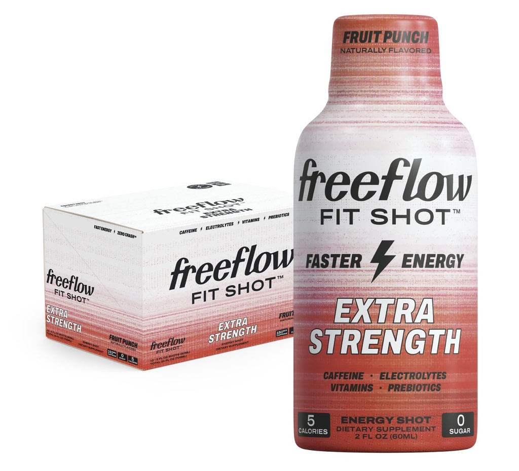 Freeflow Fit, Extra Strength Energy Shot, Fruit Punch (2 Ounce Shot, 12 팩) - 150mg의 Caffeine Per Shot, Zero Calorie, Zero Sugar Energy Shot ...