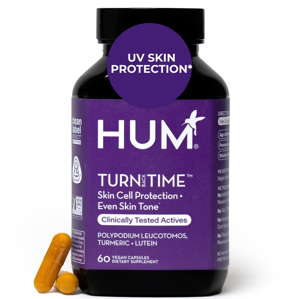 HUM Turn Back Time Turmeric Supplement for Youthful Looking skin support with Green Tea Extract, Lutein & Polyphenols, 피부 관리 노화 및 콜라겐 지원 캡슐 for Even Tone, 60 Vegan 캡슐