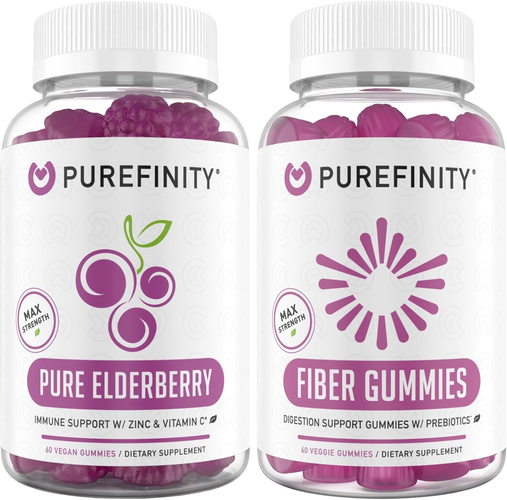 PUREFINITY 섬유 + Elderberry Gummies 번들 (Inulin FOS Prebiotic 섬유 Gummies + 아연 & 비타민 C를 가진 두 배 힘 Elderberry Gummies)