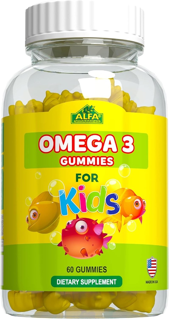 ALFA VITAMINS 오메가 3 아이 Gummies, 지원 뇌 발달, 심장 건강 & 시각, 아이를 위한 Chew, 오메가 3 보충교재, 오렌지 맛, 물고기 맛, 3 Gummies 매일, 60 Gummies