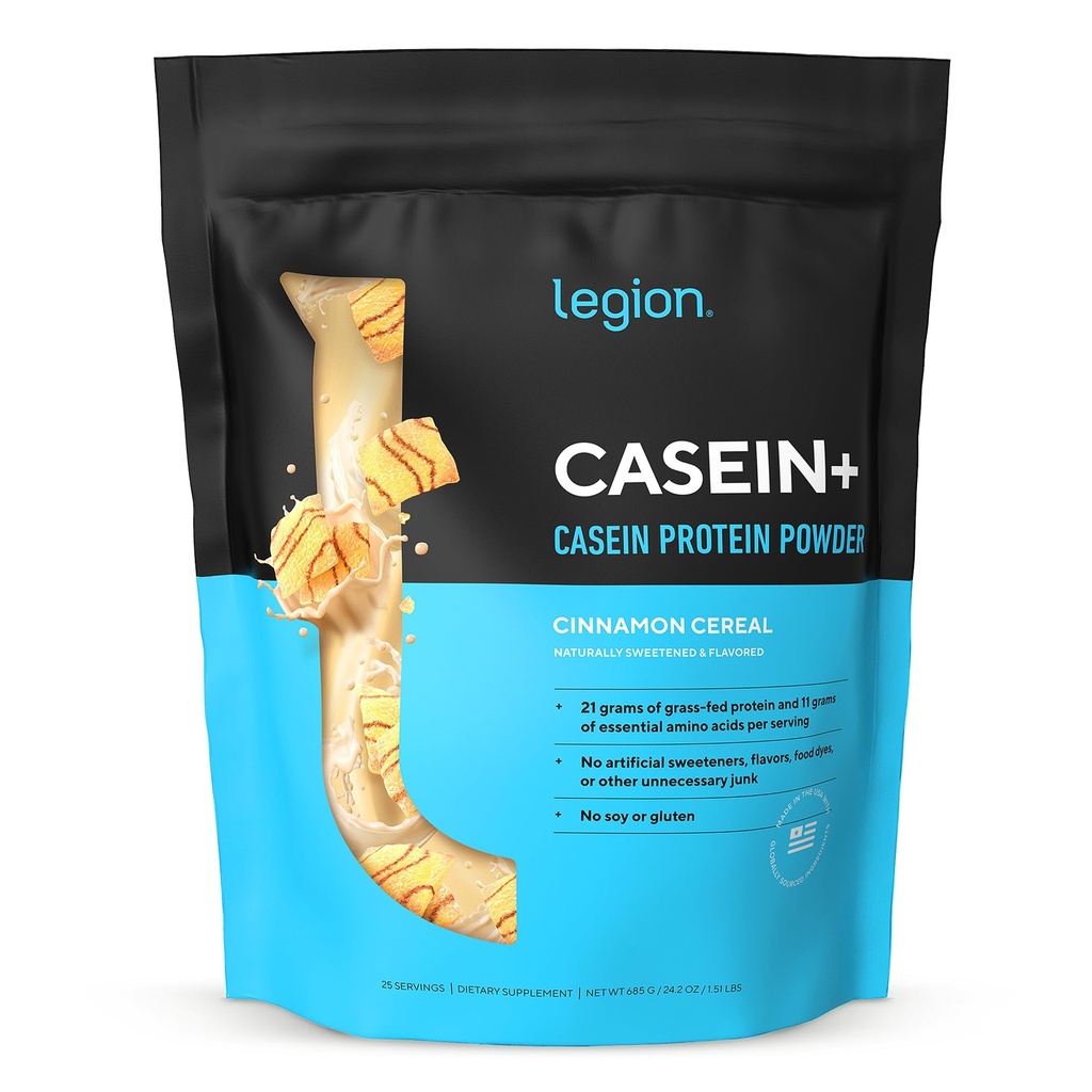 LEGION Casein+ Casein Protein Powder (Cinnamon Cereal) - 감속성 Micellar Protein Powder - Non-GMO, 글루텐 프리 및 자연적으로 단화 된 파우더 - 잔디 볶음 코우