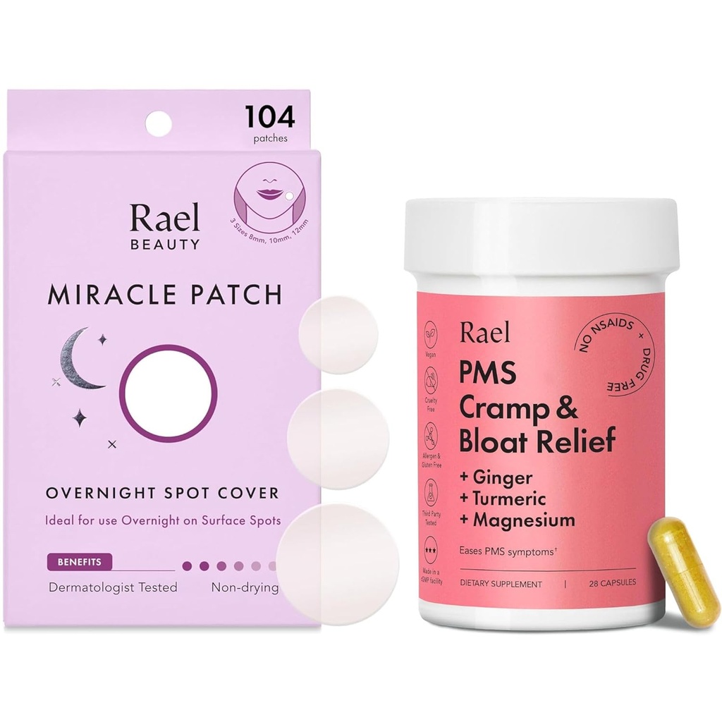 Rael Bundle - Overnight Spot Cover Pimple Patches (104 카운트) & PMS 여성용 보충 (28 캡슐)