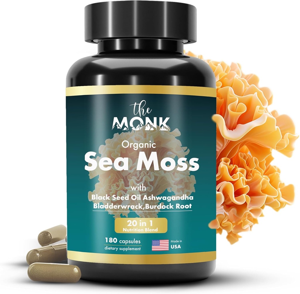 Organic Irish Sea Moss Capsules - Advance Formula, Bladderwrack 및 Burdock Root가있는 Raw Wildcrafted Seamoss Supplement - 180 알약 - 미국에서 만든