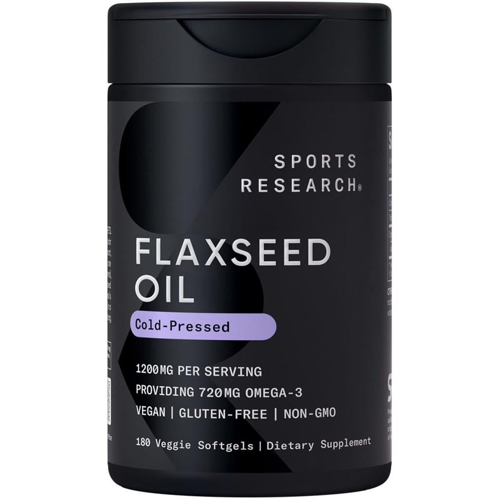 Sports Research Vegan Flaxseed Oil (1200mg) 식물 기반 ALA 오메가 3과 초본 보충 - Vegan Certified & Non-GMO Verified - 글루텐, Soy & Carrageenan 무료 (180 Veggie Softgels)