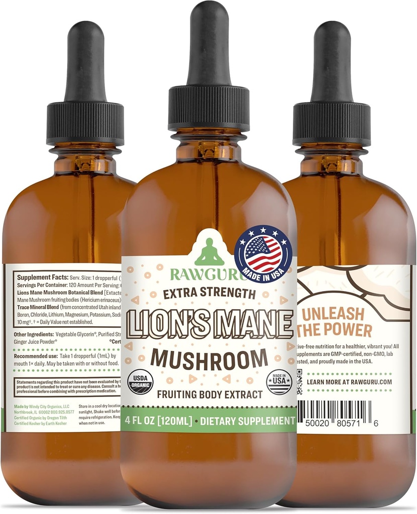 RawGuru Lion 's Mane Mushroom Tincture - Trace Minerals가있는 Vegan Lion 's Mane Extract - 나노 가공 면역 부스트 및인지 보충 - 120 ml 당 Vegan Drops의 120 서빙, 1 팩