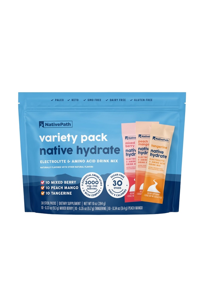 NativePath Native Hydrate Stick Packs with Electrolytes and Amino Acids, Variety Pack, 혼합 Berry, Peach Mango, Tangerine, 30 서빙