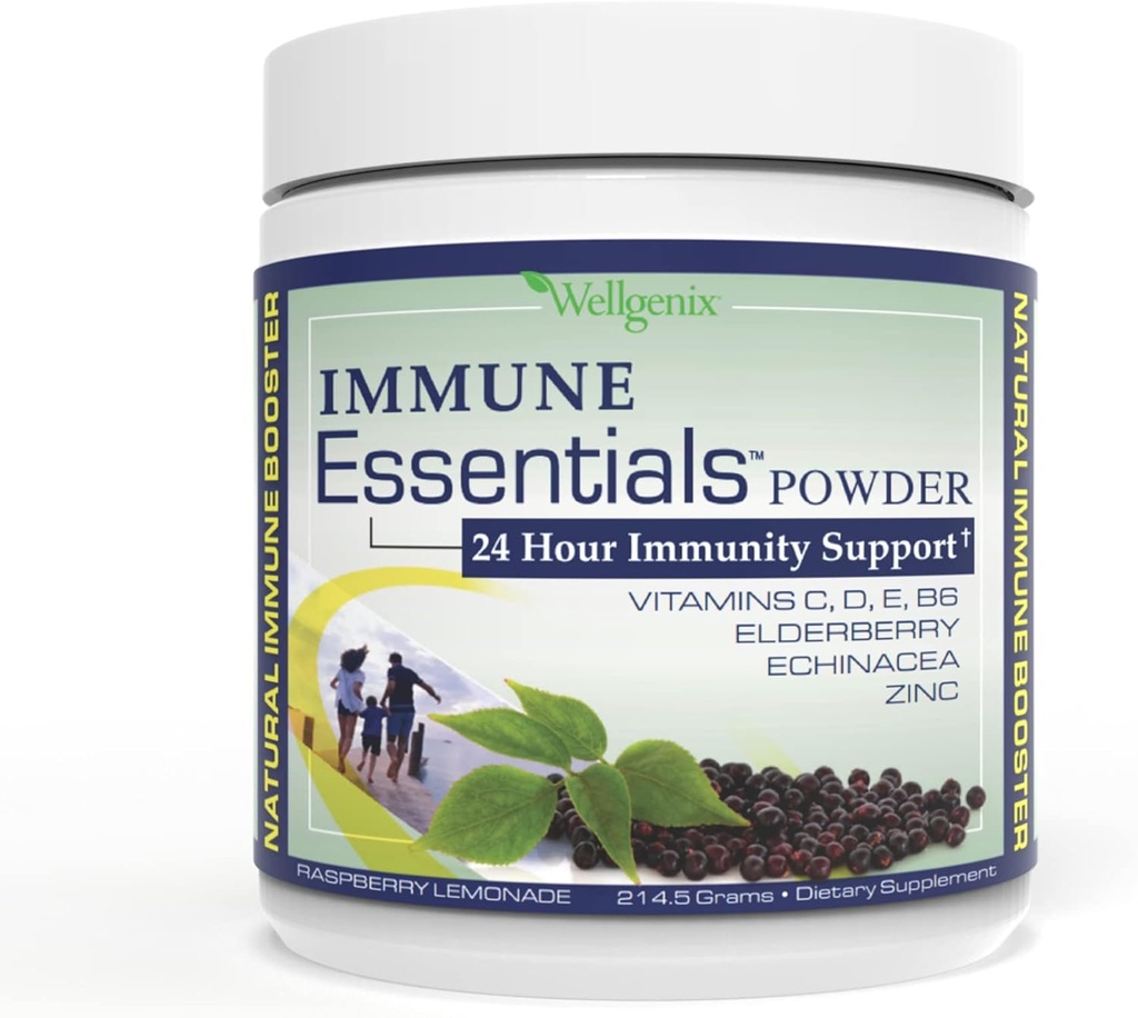 Wellgenix Immune Essentials - 남성, 여성 및 어린이를위한 Multivitamin 분말 - 비타민 C, D Elderberry 아연, 유아, 아동 및 성인을위한 Echinacea와 Vegan 보충 - 7.57g (Raspberry Lemonade)