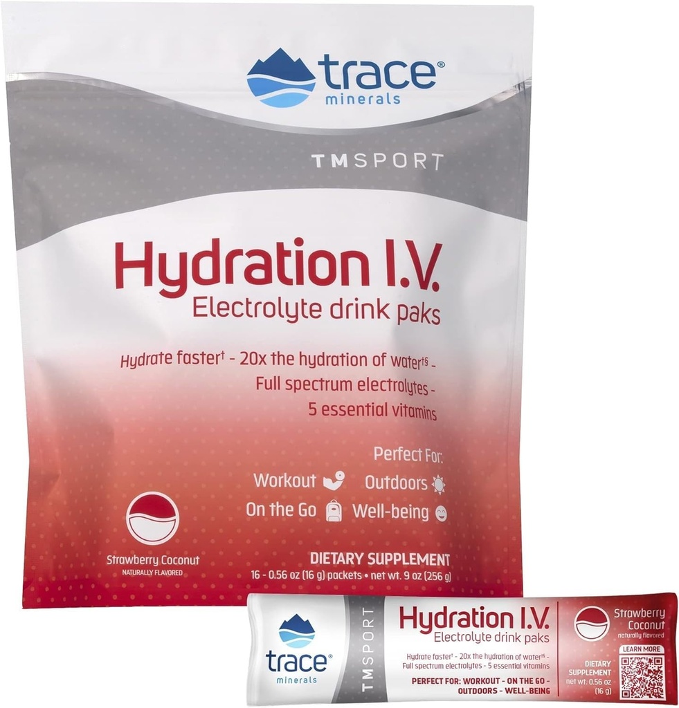 Trace Minerals | Hydration I.V. Electrolytes Powder Packets | Rapid Rehydration, Natural Energy and Muscle Stamina의 Full Spectrum Recovery Mineral Mix | 딸기 코코넛 | 16 여행 팩
