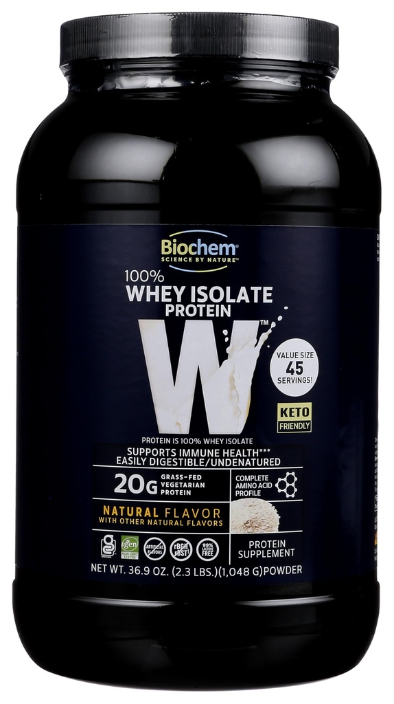 Biochem 100 % Whey Isolate Protein - 천연 향 - 20g의 단백질 - 사전 및 포스트 운동 - 식사 교체 - Keto-Friendly - 쉽게 소화 가능 - 매끄러운 맛 - 믹스하기 쉬운 (36.9 oz)