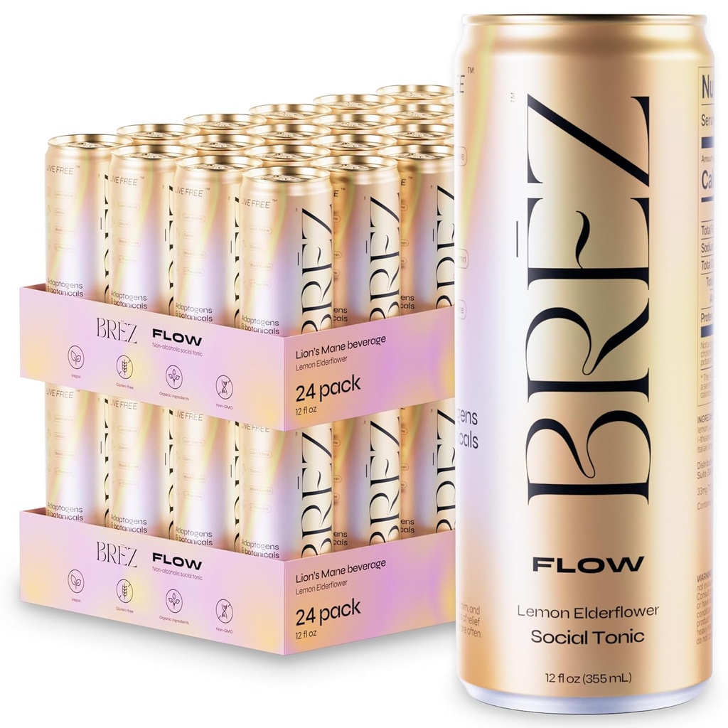 BREZ FLOW Lion 's Mane Mushroom 음료, 48 팩, 비 주입, Adaptogens, Relieving, Uplifting, Social, Sparkling Lemon Elderflower Tonic 12 Fl oz