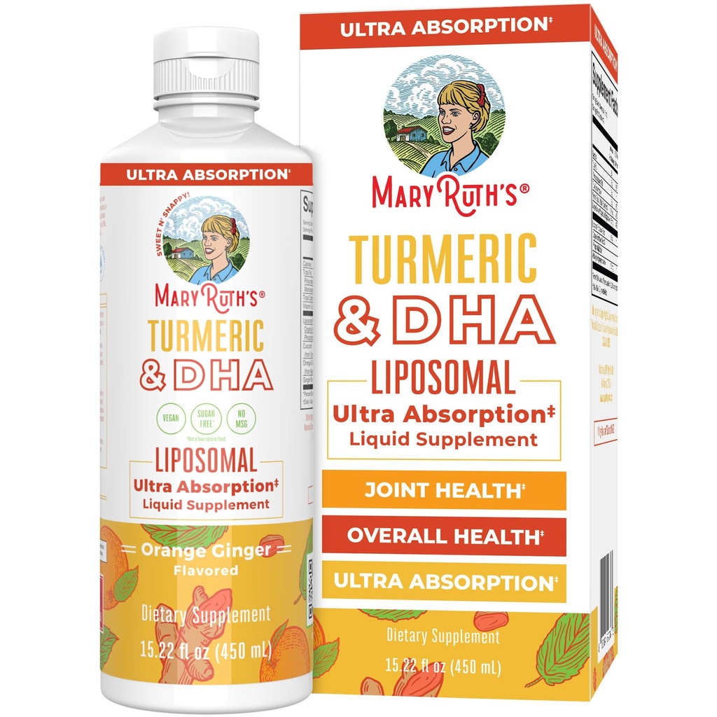 MaryRuth Organics | Liposomal Turmeric & DHA | Curcumin | Ginger Root Oil | Algal DHA & Vitamin E | Cognitive Function | Mood Support | 관절 건강 | 액체 보충 | 15.22 oz