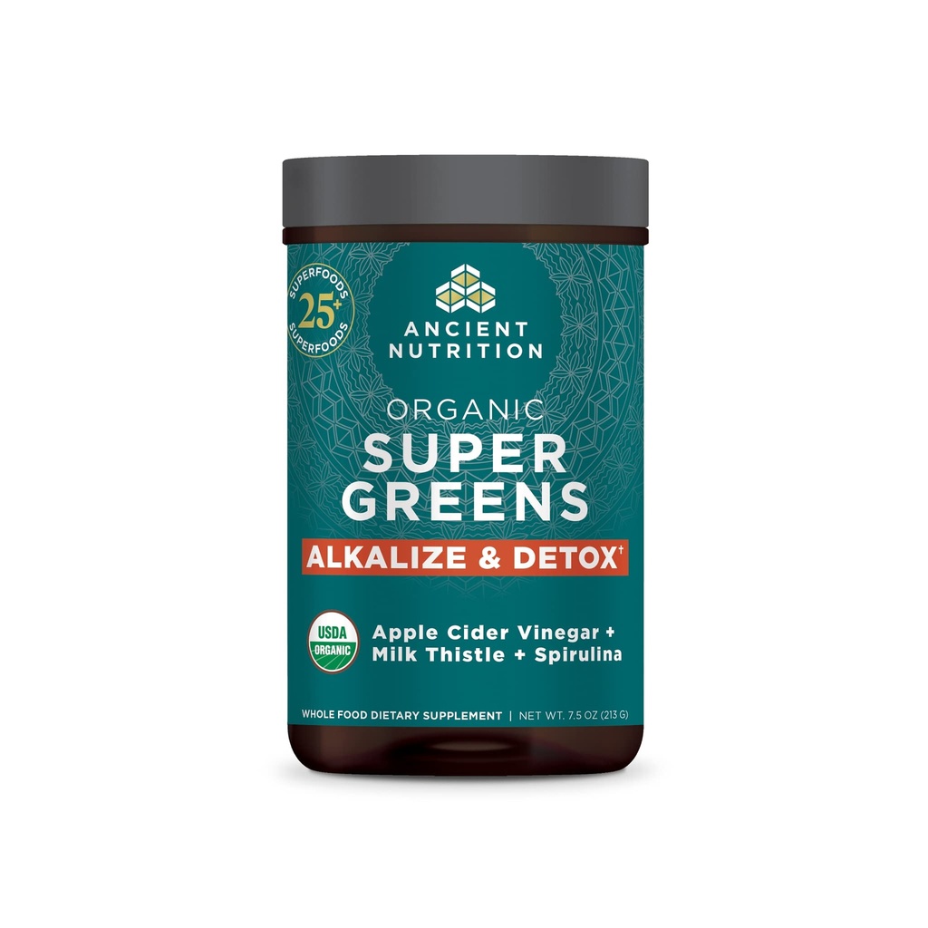 고대 영양 Supergreens Alkalize & Detox 분말, 진짜 과일, 야채 및 허브에서 만드는 유기 Superfood 분말, 소화 및 에너지 지원, 25 서빙, 7.5oz