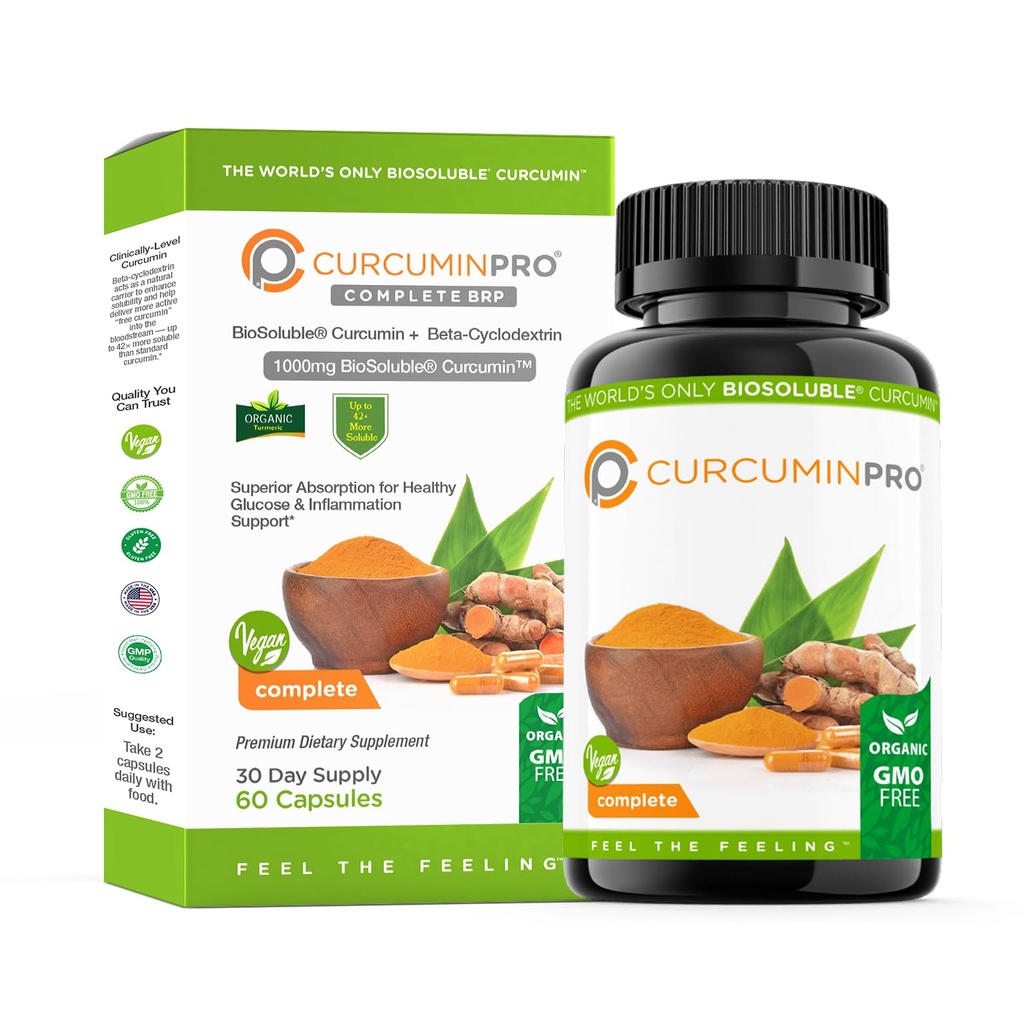 CurcuminPro Complete Vegan | BioSoluble Brown Rice Protein & Organic Turmeric Curcumin Supplement | 일일 웰니스 식물 기반 공식 | 60 개