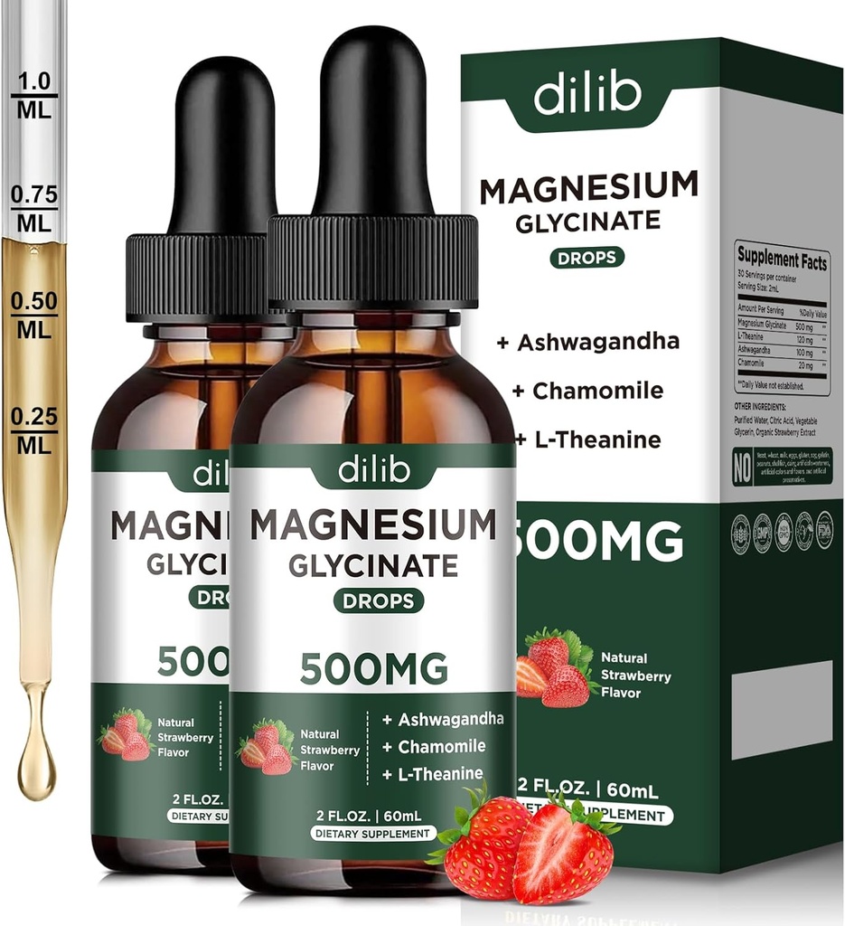 마그네슘 글리세린 액체 하락 보충교재, 마그네슘 글리세라이드 500mg Ashwagandha와 더불어, L - Theanine, Chamomile - 지원 긴장 기복, 뼈, 근육, 계류 딸기 풍미 2Pack