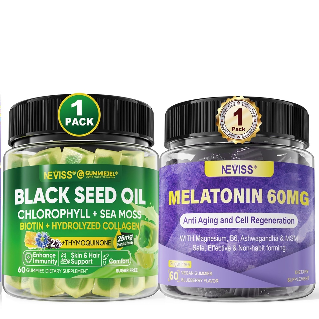 NEVISS Melatonin 60mg Gummies + 검정씨 기름 Gummies
